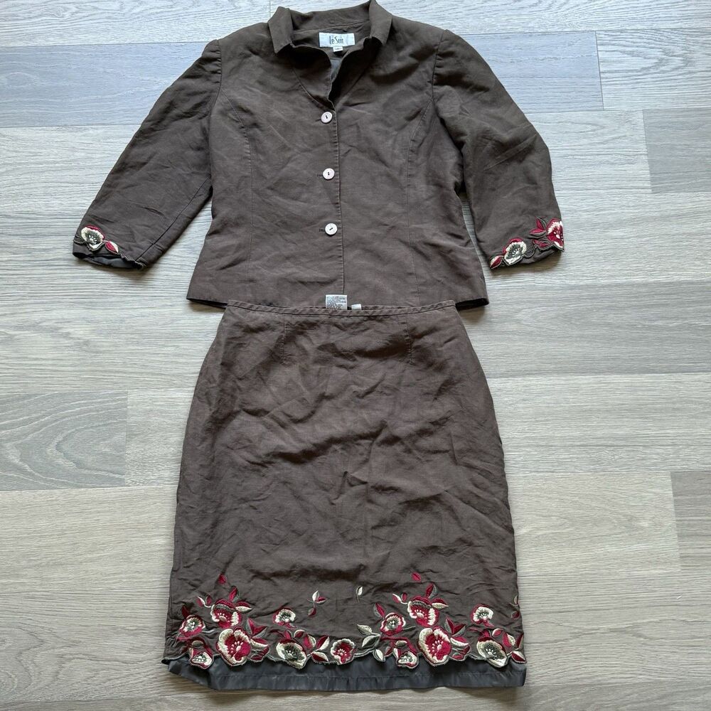 Le Suit Skirt Set Women 10 Brown Floral Embroidered Linen Rayon Vintage Career